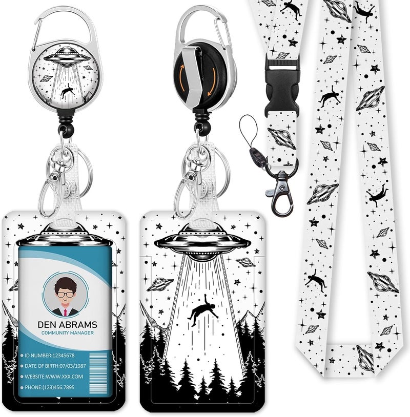 Piefly Lanyards for Id Badges, Badge Holder with Retractable Badge Reel Clip, Art UFO Night Work Card Name Tag Keychain Lanyard Vertical ID Card Protector for Women Nurse Doctor Teacher Student - Image 1